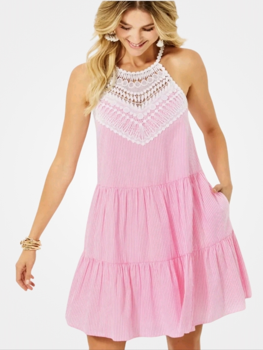 🔥 Lilly Pulitzer Britt Seersucker Striped Halter Lace Dress Havana Pink Size 6